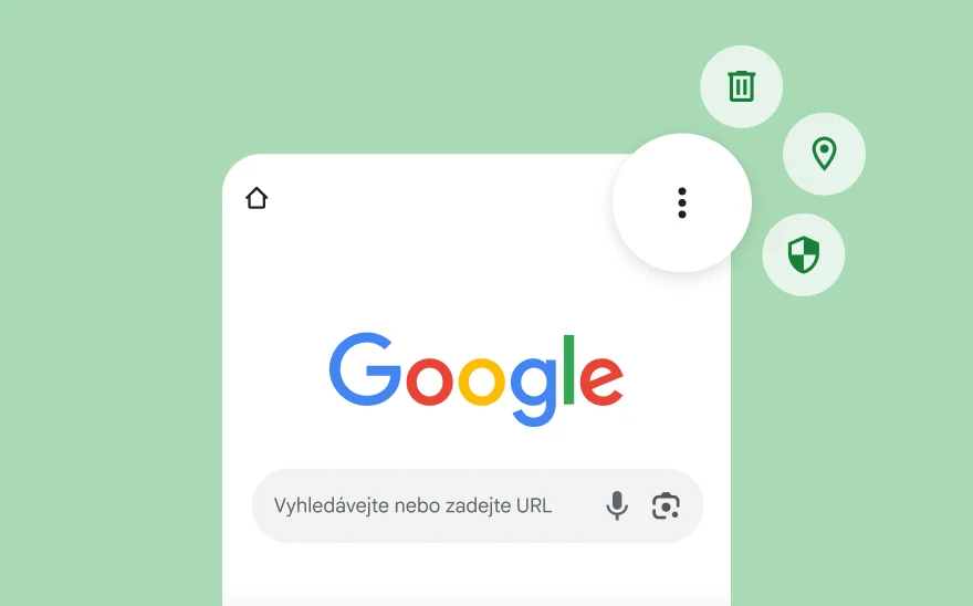 Snímek obrazovky se stránkou Vyhledávání Google a ikonami YouTube, Gmailu, Map Google a dalších služeb Google.