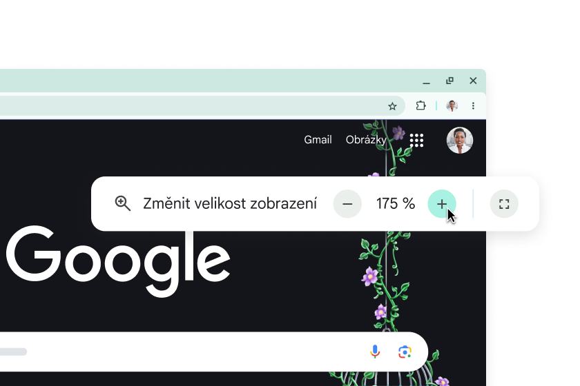 Domovská stránka Google se zvětšenými prvky a vyskakovacím oknem s přiblížením nastaveným na 175 %