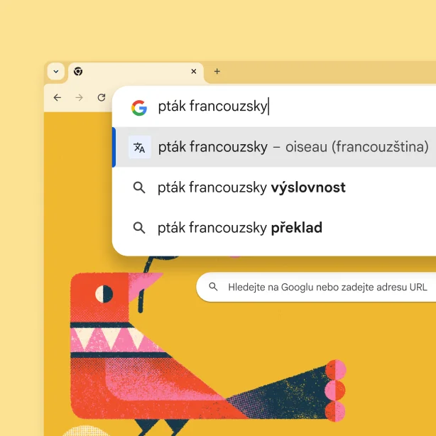 Stránky vyhledávání Google s obrázkem ptáka, vyhledávacím dotazem „pták francouzsky“ a výsledkem „oiseau“