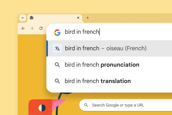 The Google Search page with a picture of a bird and a search for 'Bird in French' with the result 'oiseau'